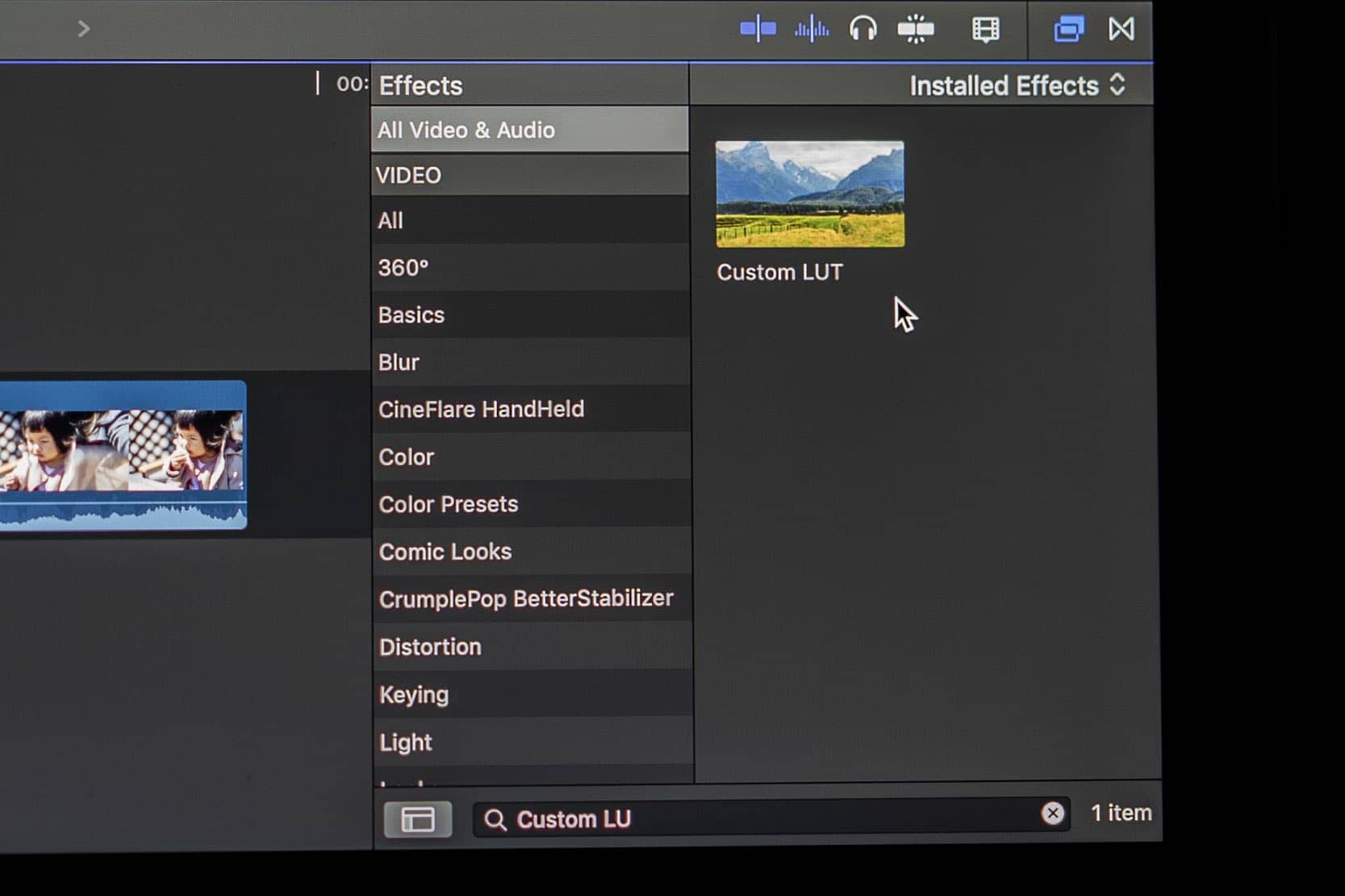 Custom LUT in the effects panel Final Cut Pro X