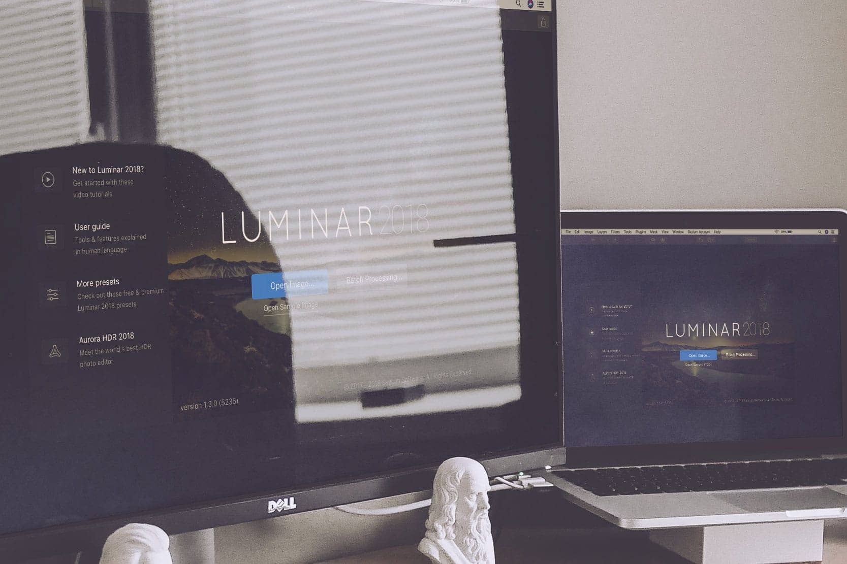 A mockup of Luminar photo editor on Desktop and Laptop